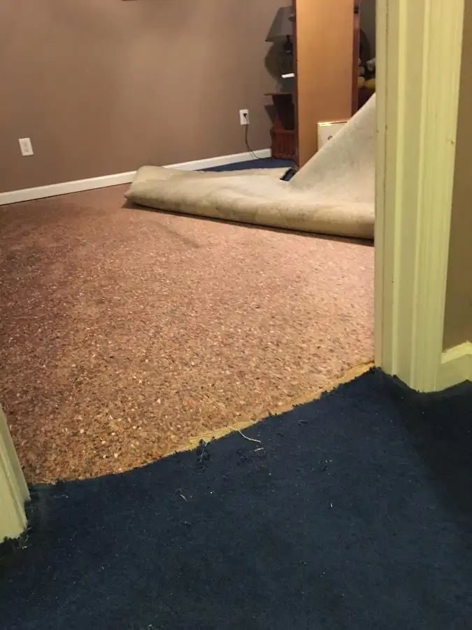 Carpet pad removal revealing water damage during Water Mitigation Services in Guttenberg
